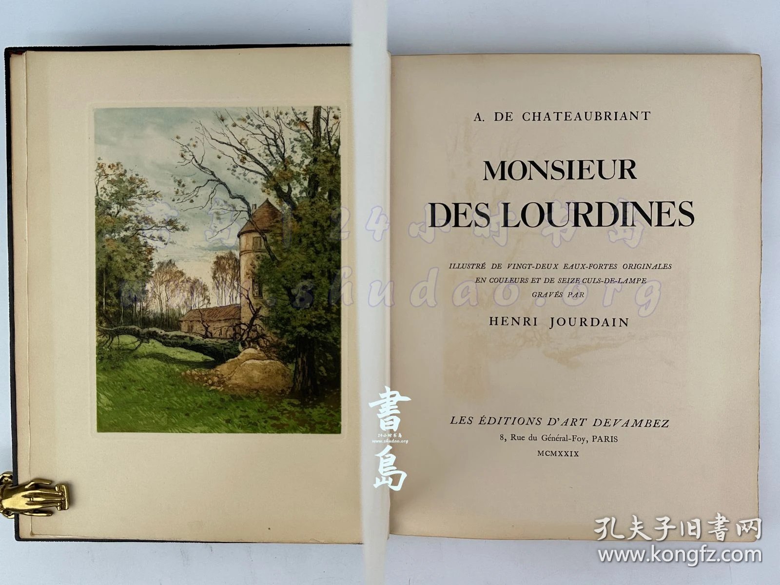 点击查看原图 限量190本之第126号!1929年法国巴黎《德·卢尔迪纳先生》Monsieur des Lourdines,法文,约八开本,全皮精装,镶皮彩画,附插匣,法国全能装帧大师 Hauttecoeur 装订,法国著名地域主义小说家阿尔封斯·德·夏多布里昂的处女作及成名作,凭此作荣获龚古尔文学奖,以诗意的笔触展现乡村生活、贵族精神和家庭的自我救赎,由著名色彩蚀刻大师亨利·茹尔丹创作全书彩色蚀刻铜版画22幅