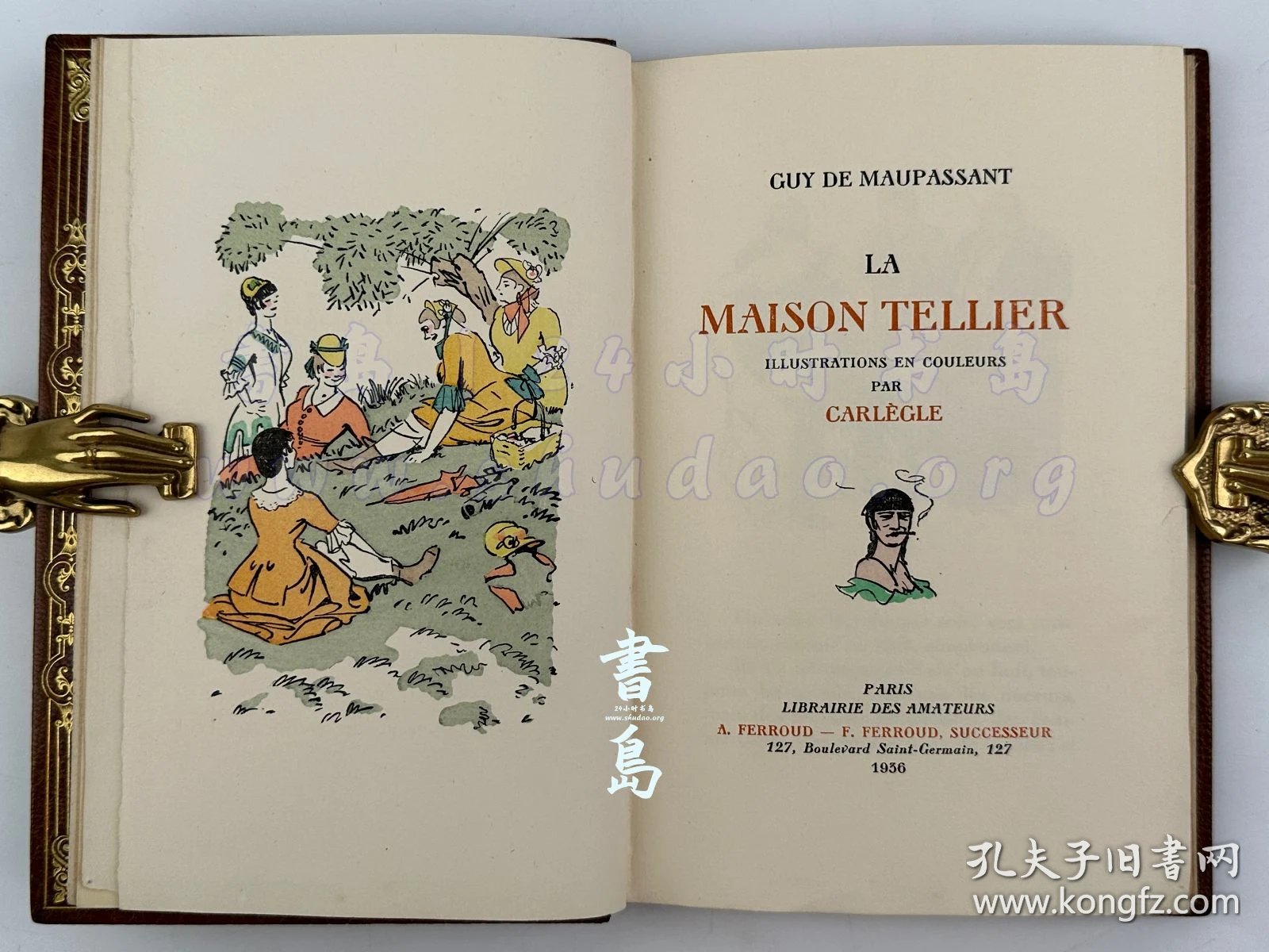 点击查看原图 限量1200本之第316号!1936年法国巴黎《泰利埃公馆》La Maison Tellier,法文,全皮精装,压花烫金,附插匣,法国文学大师莫泊桑的短篇小说、被公认为写实与自然主义文学的巅峰之作,通过极其辛辣的对比,将“高尚、神圣的宗教仪式”与“卑微、世俗的妓女”交织在一起,但真正打动人心、展现神圣人性的,反而是被社会边缘化的妓女,瑞士裔法国装饰艺术先锋画家 Carlègle 创作全书彩图21幅